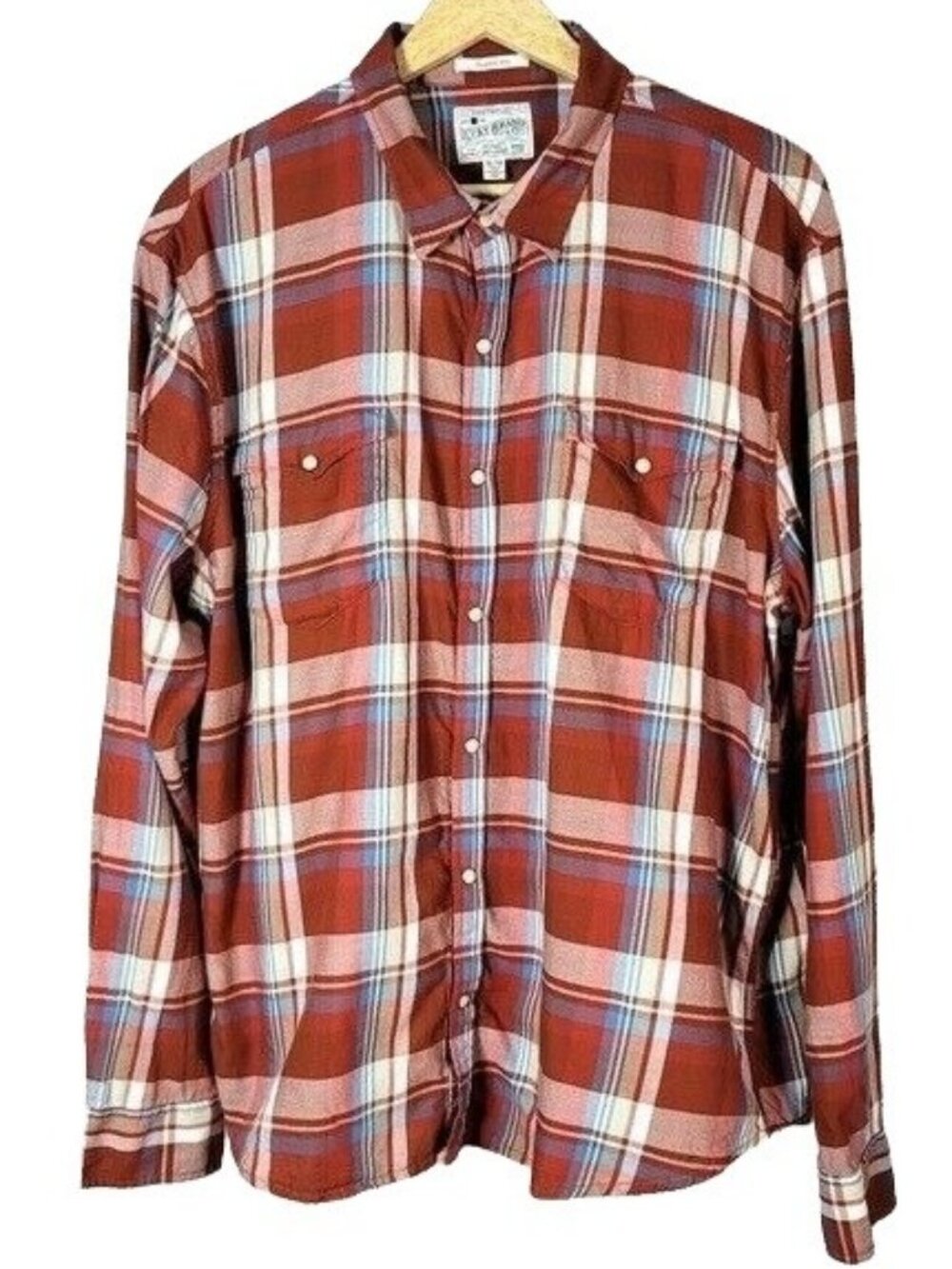 Lucky Brand Mens Pearl Snap Shirt Brown Plaid XL Classic Fit Plaid Western Style